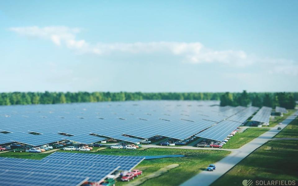 Impressie van het solar carport bij Lowlands.
