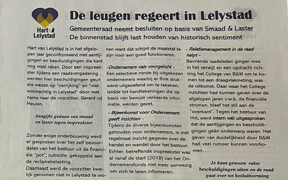 In een huis-aan-huis verspreidde krant vertelt de stichting Hart van Lelystad haar versie van de waarheid.
