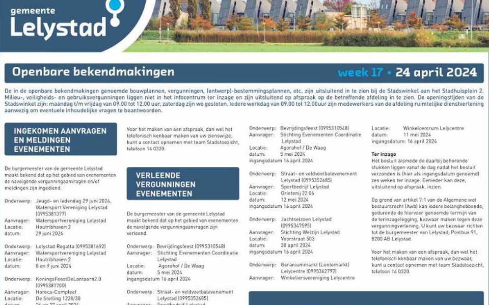 De pagina met openbare bekendmakingen van de gemeente Lelystad.